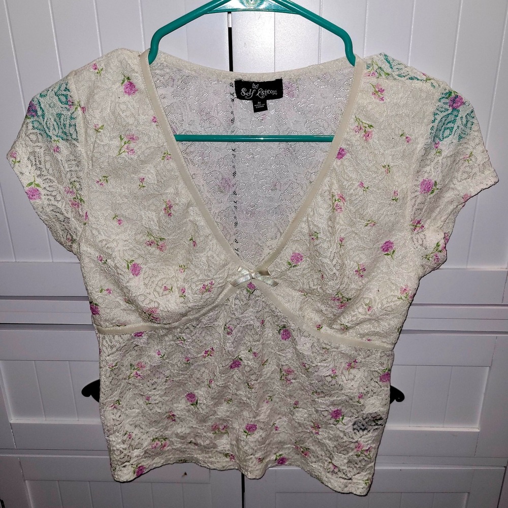 Self Esteem Womens Floral Lace V-Neck Top‎ White Pink Rose Y2K Babydoll Medium